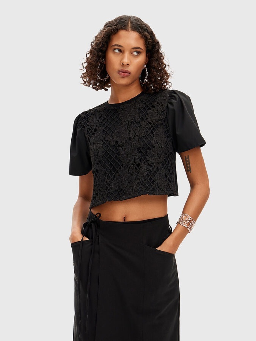 Desigual Black Floral Crochet Lace Puff Sleeve Crop Top Size M